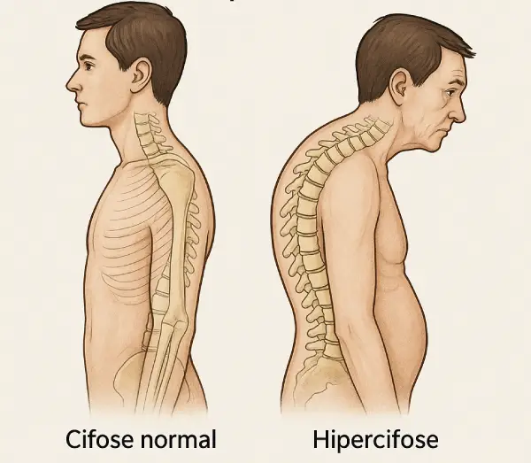 Ilustração médica mostrando a diferença entre coluna normal e hipercifose